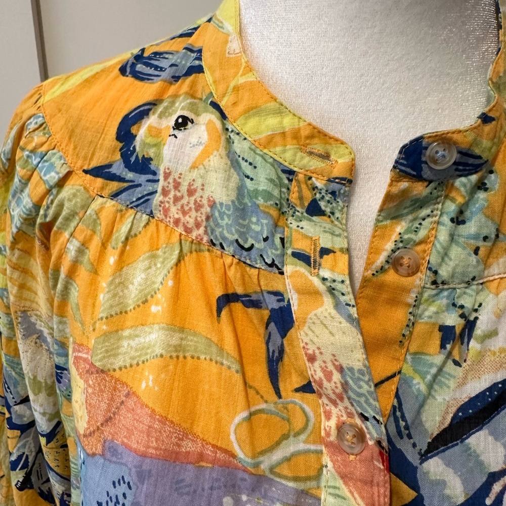 Maeve Size XS yellow tropical print cotton blouse. Front and cuff buttons - Picture 2 of 13